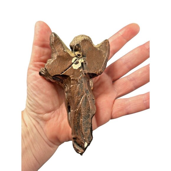 Vintage Angel Cherub Wall Hanging Plaque Pair 2 Gold Chalk ware Instruments 5" - Picture 7 of 10